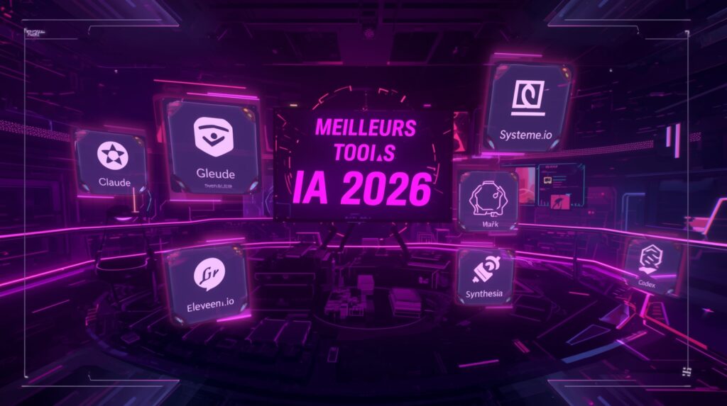 meilleurs outils ia 2026 tableau comparatif cyberpunk violet